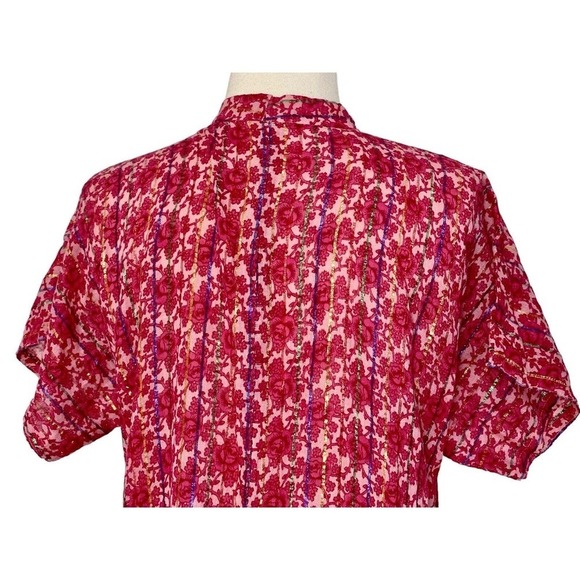 Vintage Metallic Sheer Chiffon Pink Floral Boho Button Up Maxi Kaftan Dress OS - Picture 10 of 12